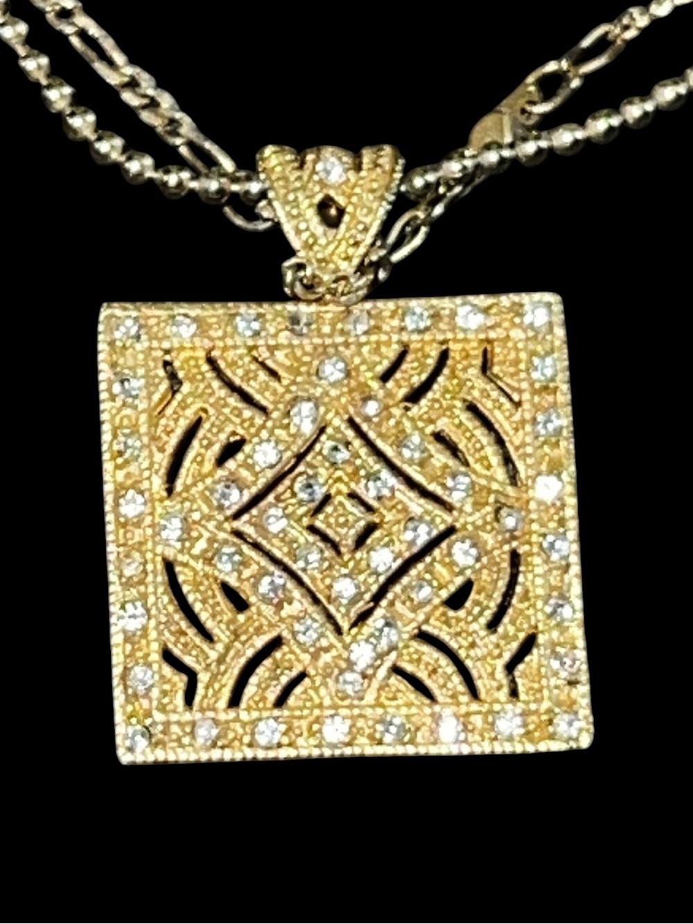 Vintage Gold Tone Filigree CZ Square Pendant Double Strand Chain Necklace